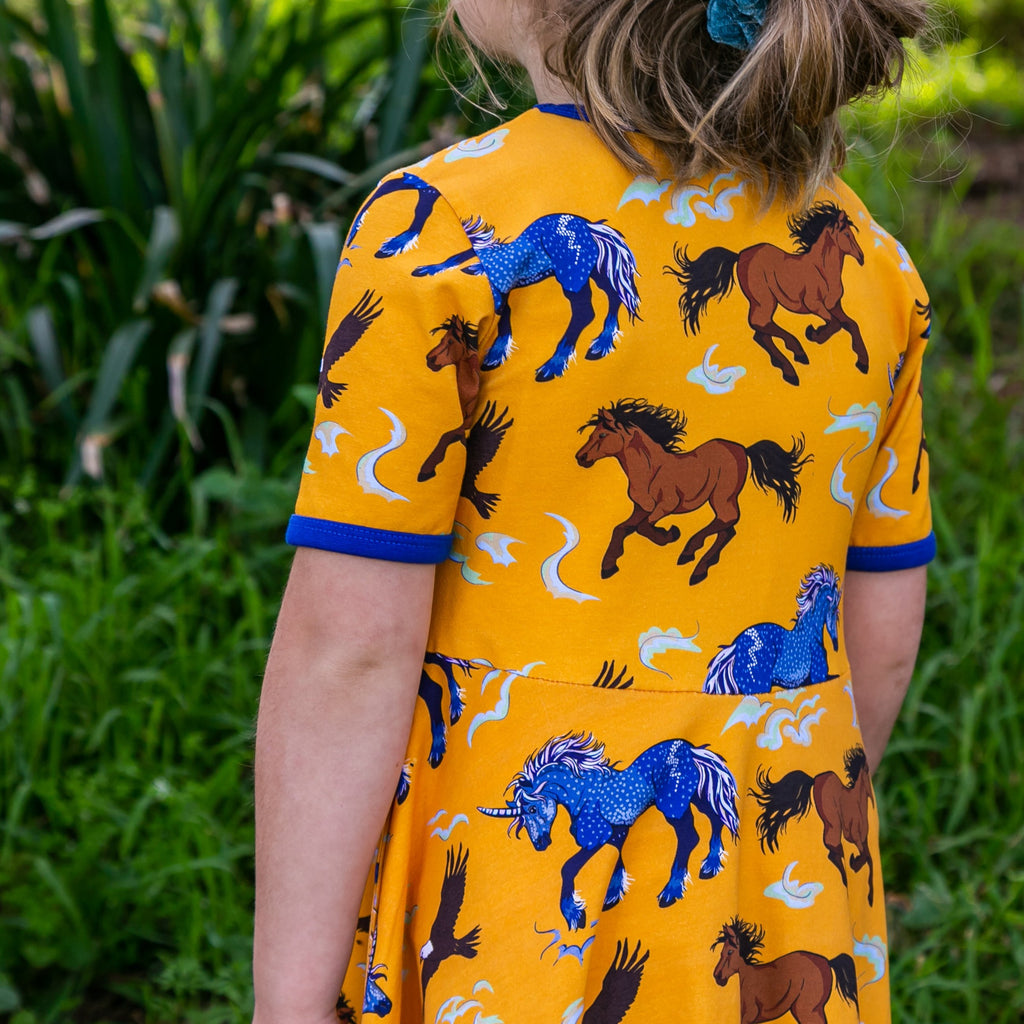 dapple grey and bay horse girls dress