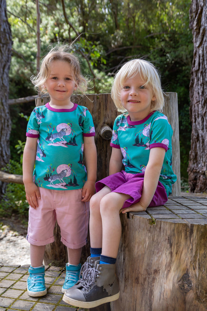 boys grey wolf green tee with purple trim