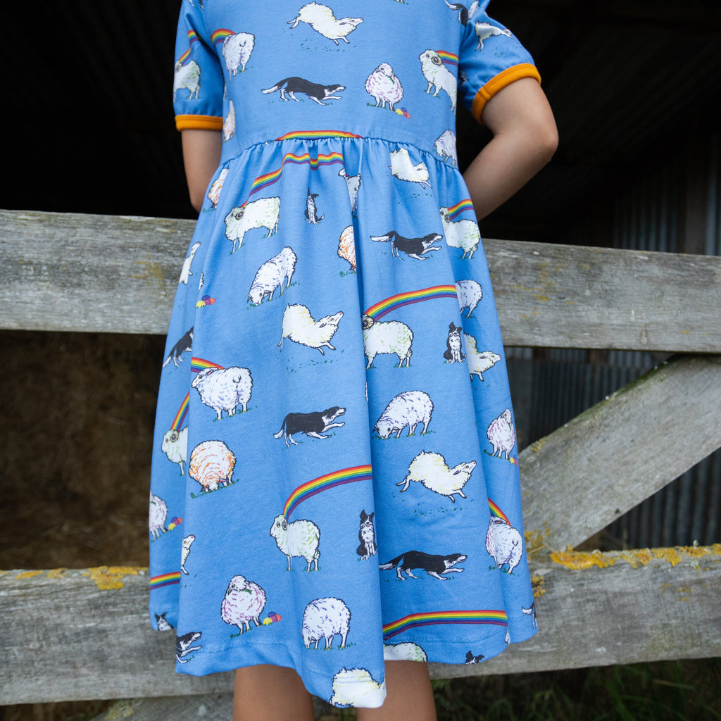 girls rainbow sheep dress blue